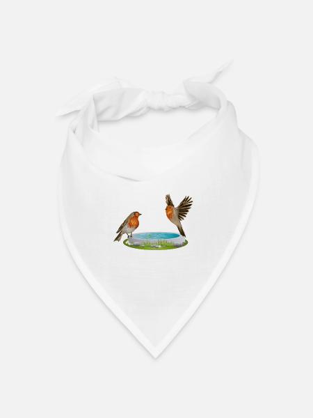 Vogeltränke mit zwei vergnügten Rotkehlchen - Bandana Dreieckstuch - Weiß