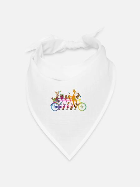 buntes Tandem Fahrrad mit bunten Tieren des Waldes - Bandana Dreieckstuch - Weiß