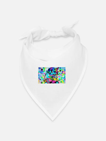 Buntes Pop-Art Katzenporträt - Bandana Dreieckstuch - Weiß