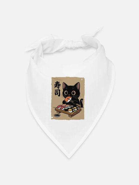 Schwarze Katze isst Sushi Japan Retro - Bandana Dreieckstuch - Weiß
