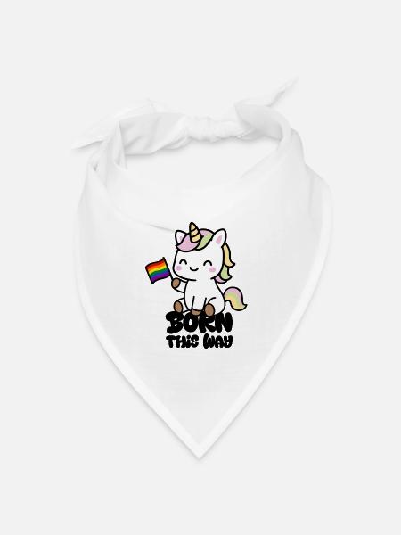 Kleines Einhorn mit Regenbogenfahne "Born this Way - Bandana Dreieckstuch - Weiß
