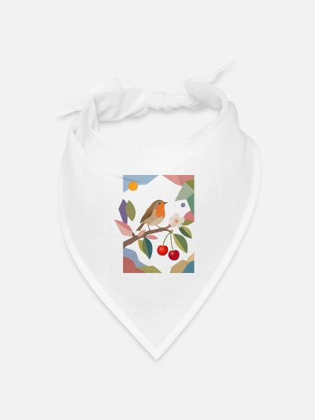 Rotkehlchen Vogel auf Ast Kirsch Design - Bandana Dreieckstuch - Weiß