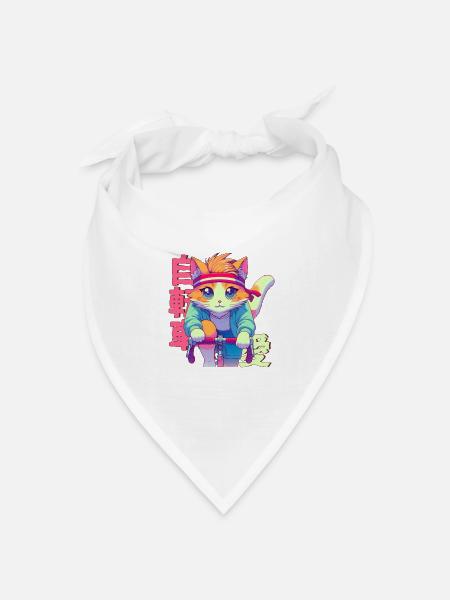 Radfahrender Anime Katze Neko - Bandana Dreieckstuch - Weiß