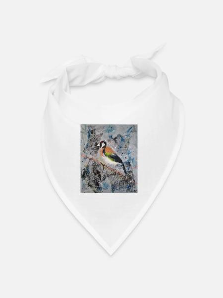 Acrylmalerei mit Stiglitz auf Baumast - Bandana Dreieckstuch - Weiß