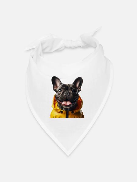 Französische Bulldogge in gelbem Anorak - Bandana Dreieckstuch - Weiß