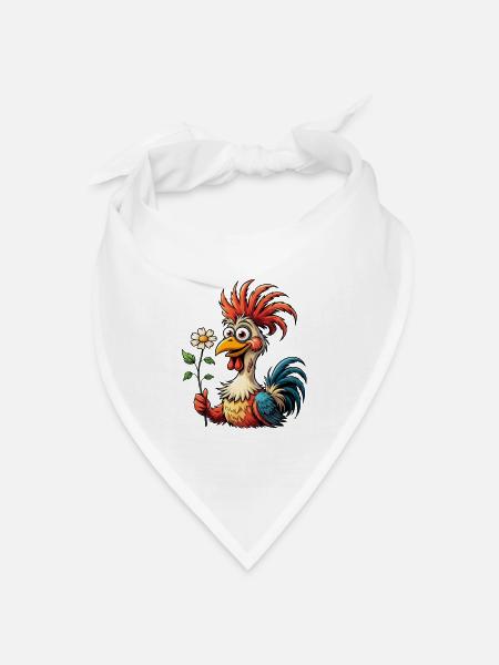 Bunter Cartoon Hahn mit Margeriten Blume - Bandana Dreieckstuch - Weiß
