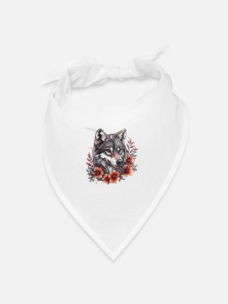 Wolfskopf mit Blumenring - Bandana Dreieckstuch - Weiß