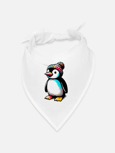 Pinguin mit winterlicher Wollmütze - Bandana Dreieckstuch - Weiß