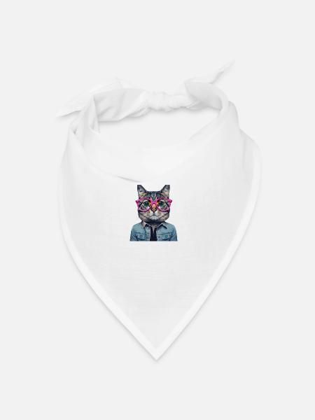 Katze mit rosa Brille - Bandana Dreieckstuch - Weiß
