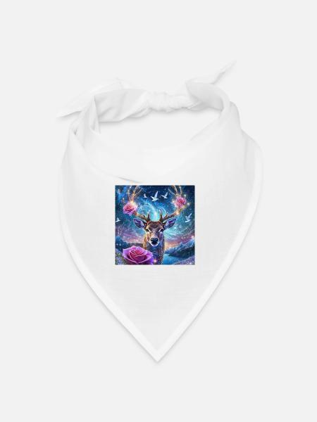 03 Magischer Hirsch Hirschkopf Rosen Blumen Berge - Bandana Dreieckstuch - Weiß