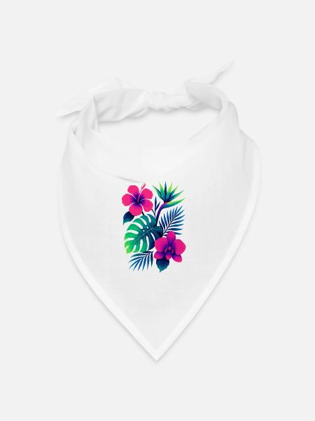 Tropische Blumenpracht – Exotische Hibiskus & Mons - Bandana Dreieckstuch - Weiß