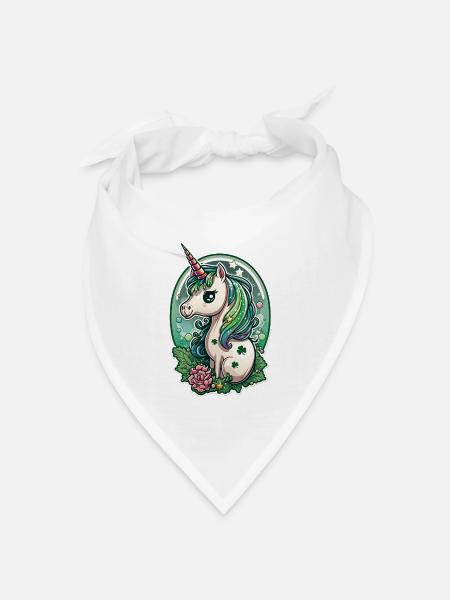 Einhorn mehrfarbige Blumen Kleeblatt Glücksparty - Bandana Dreieckstuch - Weiß