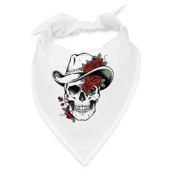 Totenkopf Schädel Cowboy Hut Rosen Blüten Western  - Bandana - Weiß - Vorne