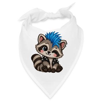 Punk Waschbär mit blauem Iro – Stickmotiv Optik - Bandana - Weiß - Vorne