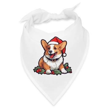 Christmas Happy Corgi in Nikolausmütze mit Stechpalme - Bandana - Weiß - Vorne
