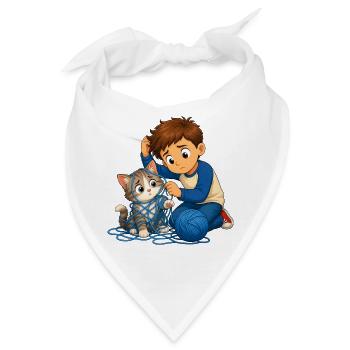Junge befreit Katze sanft aus blauem Wollknäuel - Bandana - Weiß - Vorne