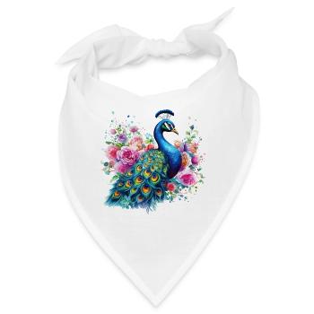 Pfau Blumen Pfauenfeder Exotisch Farbenfroh Bunt - Bandana - Weiß - Vorne