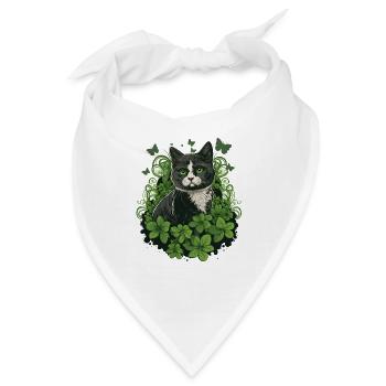 Schwarz-Weiße Katze mit Efeu und Schmetterlingen - Bandana - Weiß - Vorne
