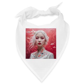 Schönes japanisches Mädchen auf rotem Hintergrund mit Fisch - Bandana - Weiß - Vorne