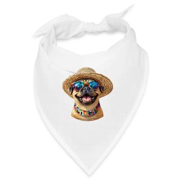 Fröhlicher Mops mit Sonnenbrille & Strohhut - Bandana - Weiß - Vorne