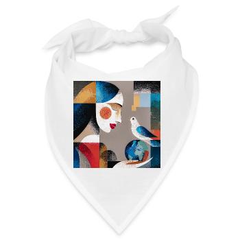 Porträt einer abstrakten Frau mit Vogel und Globus - Bandana - Weiß - Vorne