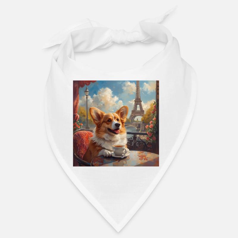 Corgi buvant du café devant la Tour Eiffel à Paris - Bandana - blanc