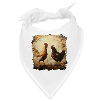 Rustikales Duo aus Hahn und Huhn, Ölmalerei - Bandana - Weiß - Vorne