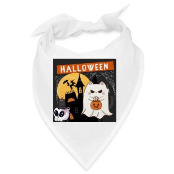 Kawaii Geisterkatze mit einem Halloween-Kürbis - Bandana - Weiß - Vorne