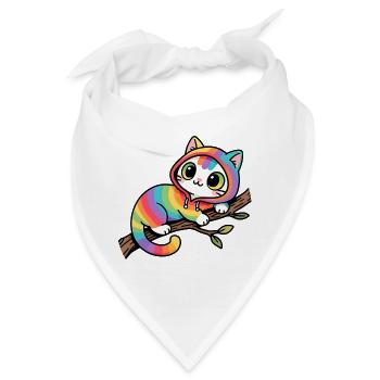 Regenbogen Katze Hoodie am Ast - Bandana - Weiß - Vorne