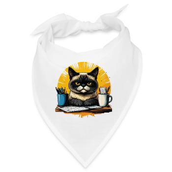 Grimmige Bürokatze am Schreibtisch - Bandana - Weiß - Vorne