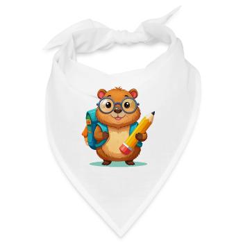 Kawaii Biber mit Brille & Schulranzen – Schulanfan - Bandana - Weiß - Vorne