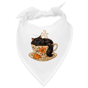 Schwarze Katze in einer floralen Teetasse – Herbstillustration - Bandana - Weiß - Vorne