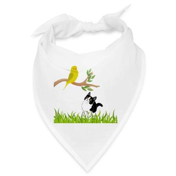 Sonniger Singvogel und Neugierige Katze - Bandana - Weiß - Vorne