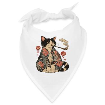 Katzentattoo mit Koi-Blüten - Bandana - Weiß - Vorne