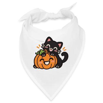Süße schwarze Katze mit Halloween Kürbis - Bandana - Weiß - Vorne