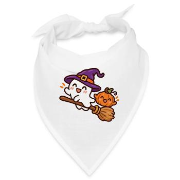 Süßer Hexengeist auf Besen – Halloween - Bandana - Weiß - Vorne