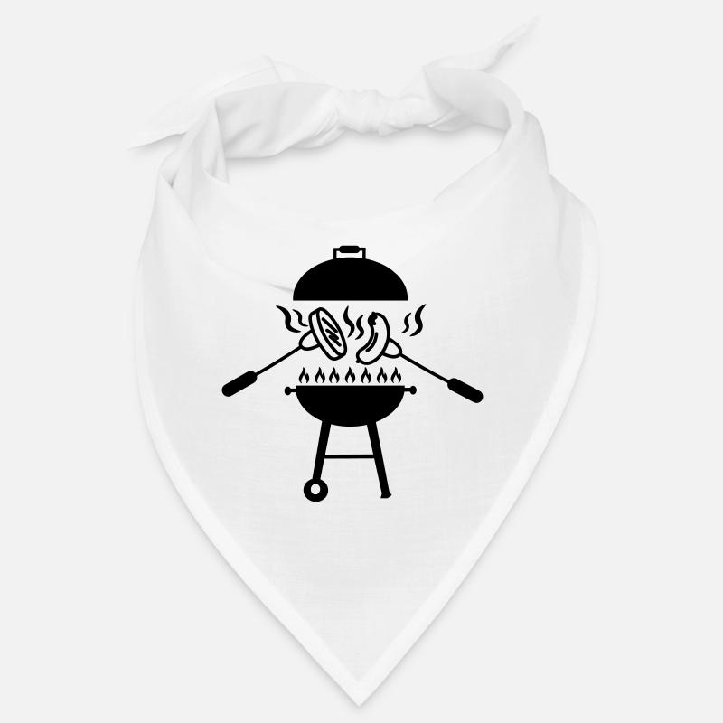 BBQ-Grill darüber Gabeln mit Wurst und Hamburger Bandana