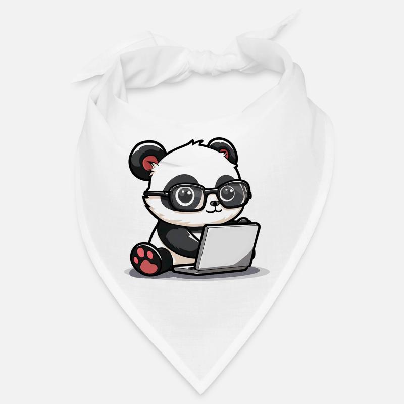 Panda Cartoon Working on Laptop with Glasses Bandana