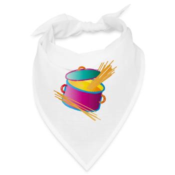 knallig bunter Kochtopf mit Deckel und Spaghetti - Bandana - Weiß - Vorne