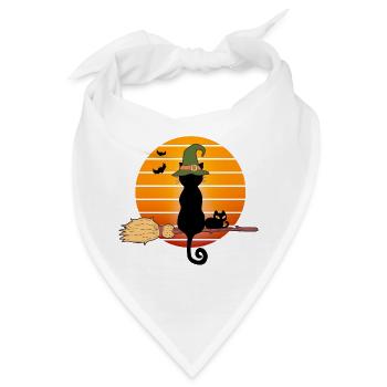 Halloween, Hexenbesen, Schwarze Katze - Bandana - Weiß - Vorne