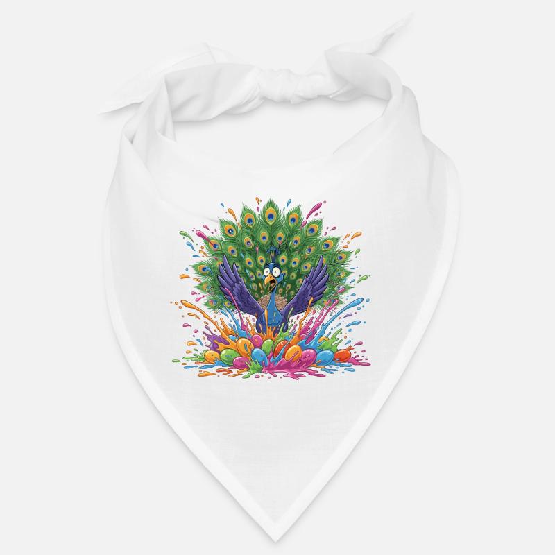 Pfau mit Farbschleuder-Panorama - Bandana - Weiß