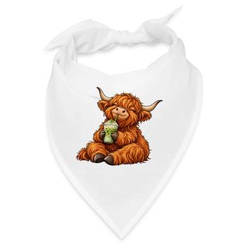 Highland Cattle mit Matcha Latte – Kuhmotiv - Bandana - Weiß - Vorne