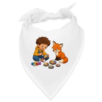 Junge bemalt bunte Steine mit neugierigem Fuchs - Bandana - Weiß - Vorne