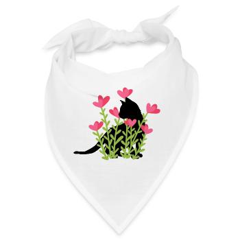 Frühlingsdesign - schwarze Katze im Blumenbeet - Bandana - Weiß - Vorne