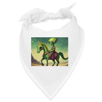 niedliches kleines grünes Retro-Alien reitet auf einem Pferd - Bandana - Weiß - Vorne