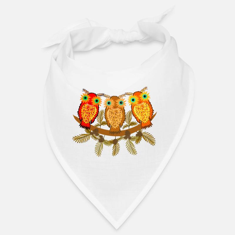 Three colorful owls with pine tree branches Bandana