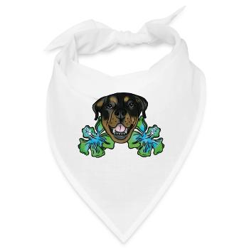 Rottweiler mit Hibiskusblüten - Bandana - Weiß - Vorne