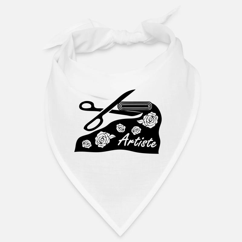 With fabric and scissors for art project Bandana