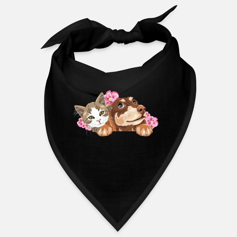 Chat mignon et teckel rêveur avec des fleurs roses Bandana