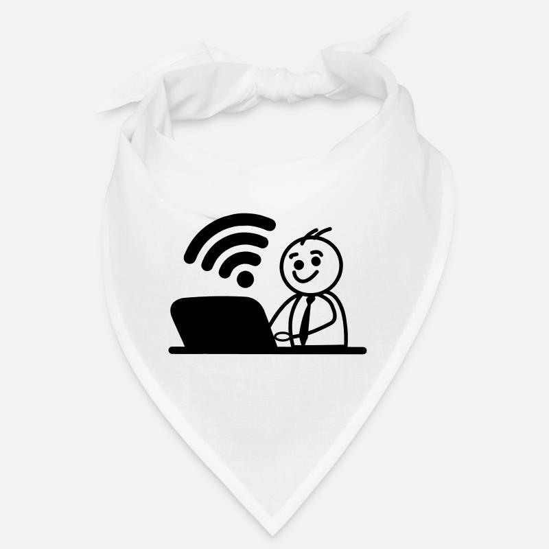 Happy young man on laptop wifi sends a message Bandana